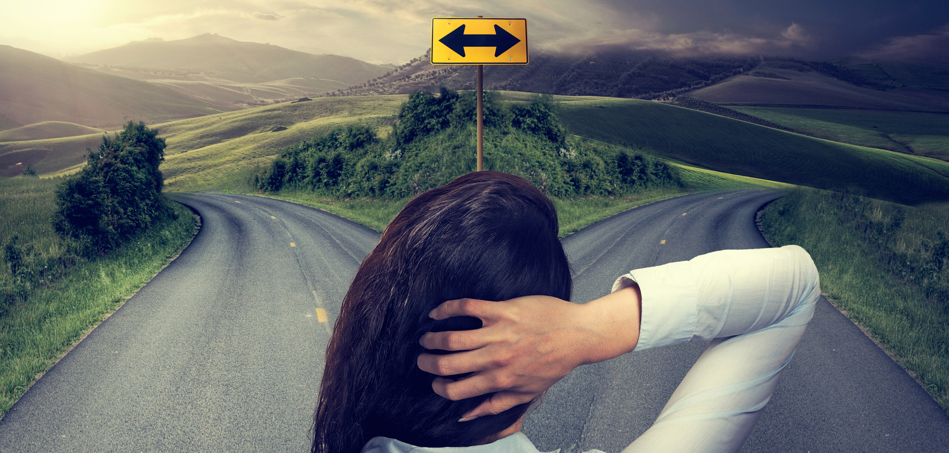 A graphic of a young woman facing a decision between two roads