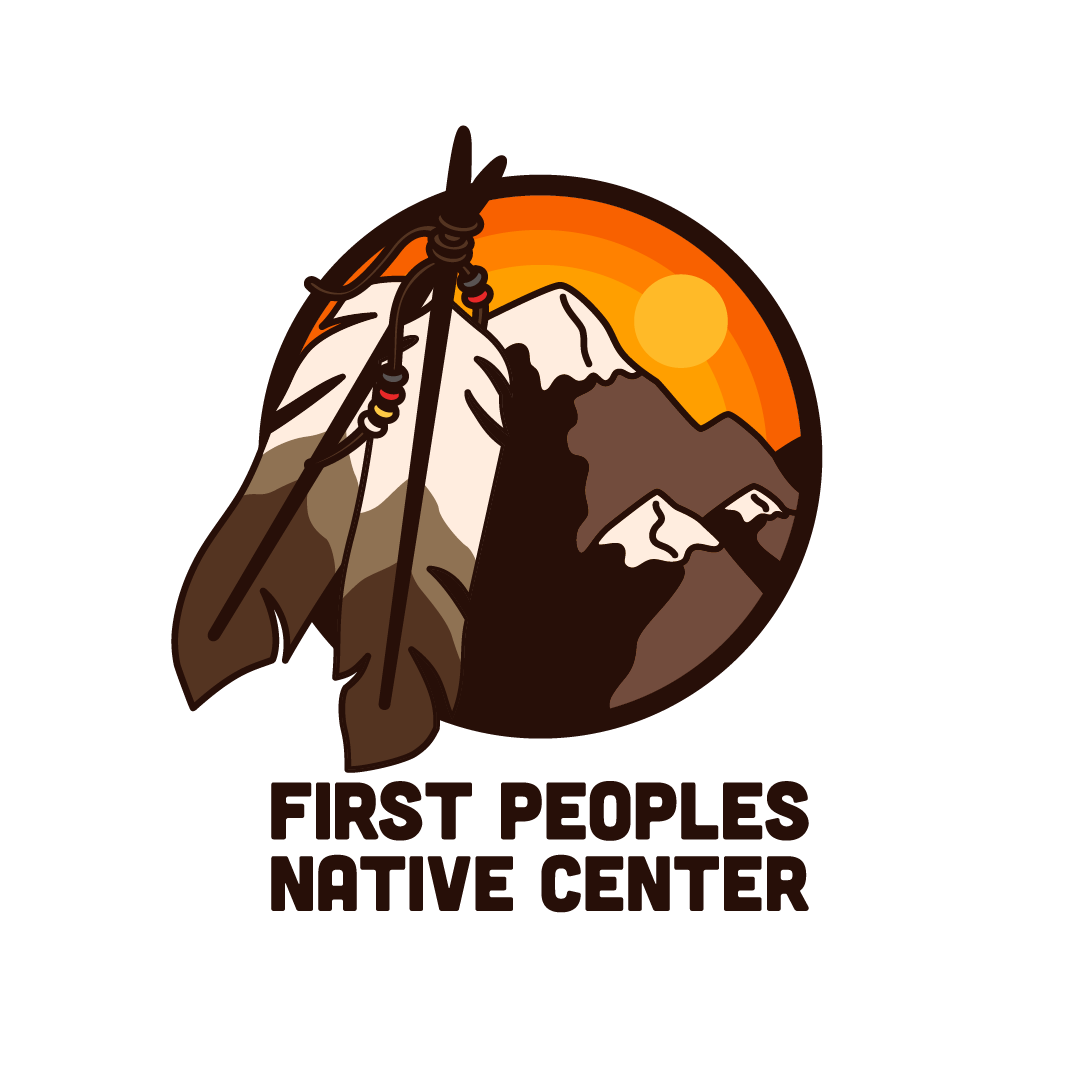 A circular logo of the First Peoples Native Center, featuring an orange sun and sky in the background, followed by a brown, snow-capped mountain, and two brown-and-white feathers tied together in front and to the left of the mountain.
