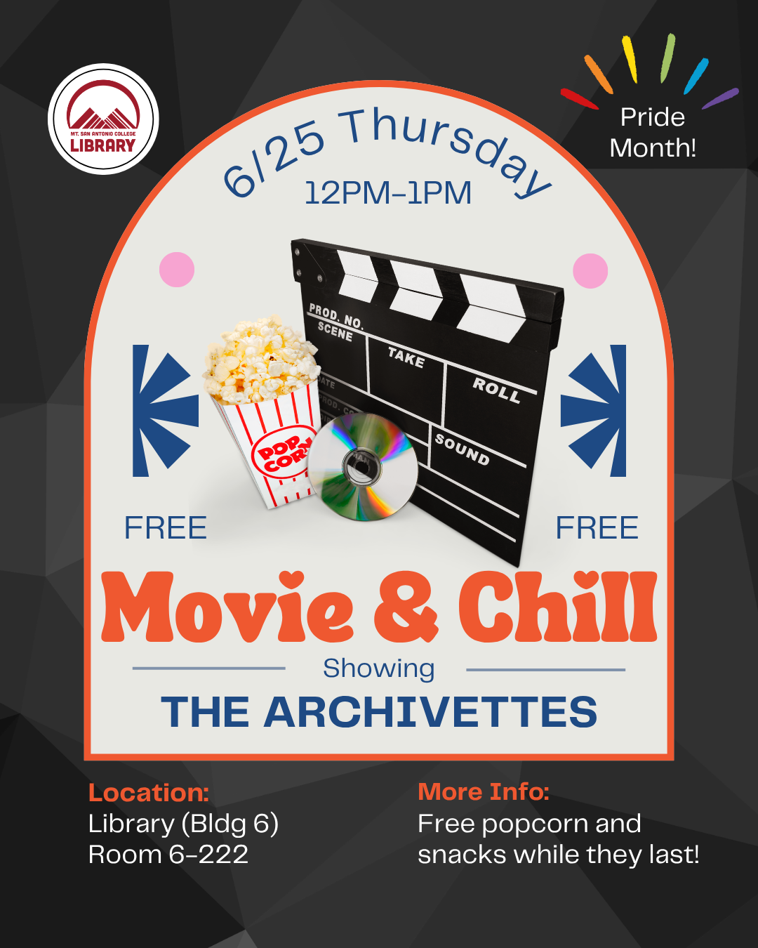 Movie and Chill. Showing “The Archivettes” for Pride Month! Thursday, 6/25, 12 – 1 pm in Library Room 6-222.